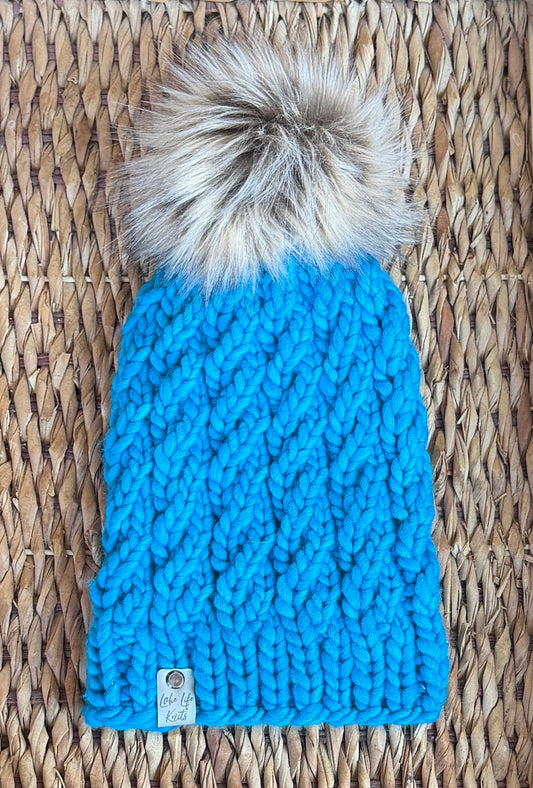 Turquoise Blue Merino Wool Spinnaker Beanie with Removable Faux-Fur Pom