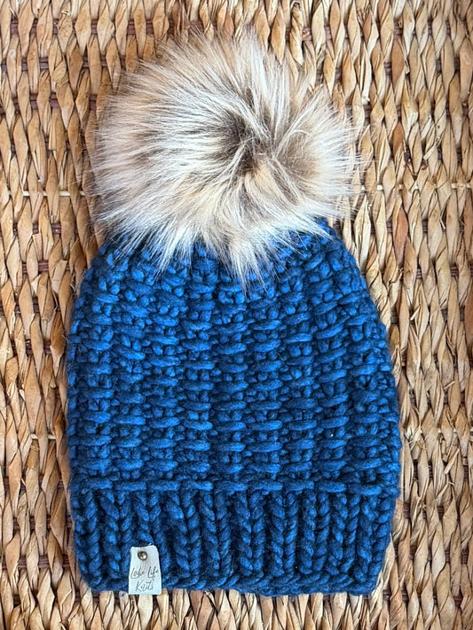 Deep Sapphire Merino Wool Arlo Beanie with Removable Faux-Fur Pom