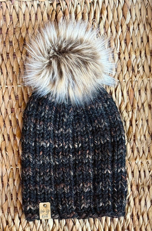 Black with Warm Almond Accents Salt Water Beanie with Removable Faux-Fur Pom