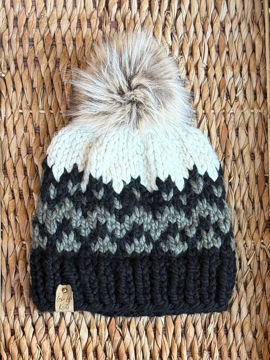 Black, Seaweed & Cream Aurora Glow Hat with Removable Faux-Fur Pom