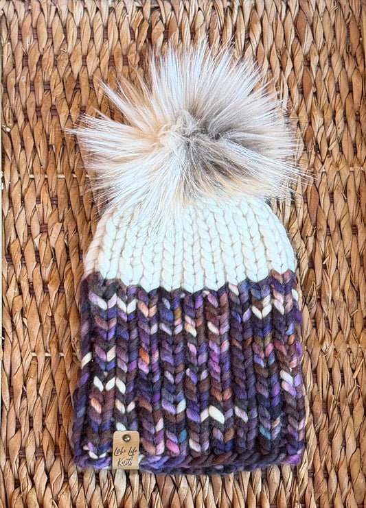 Cream & Purple Merino Wool Nokhu Beanie with Removable Faux-Fur Pom