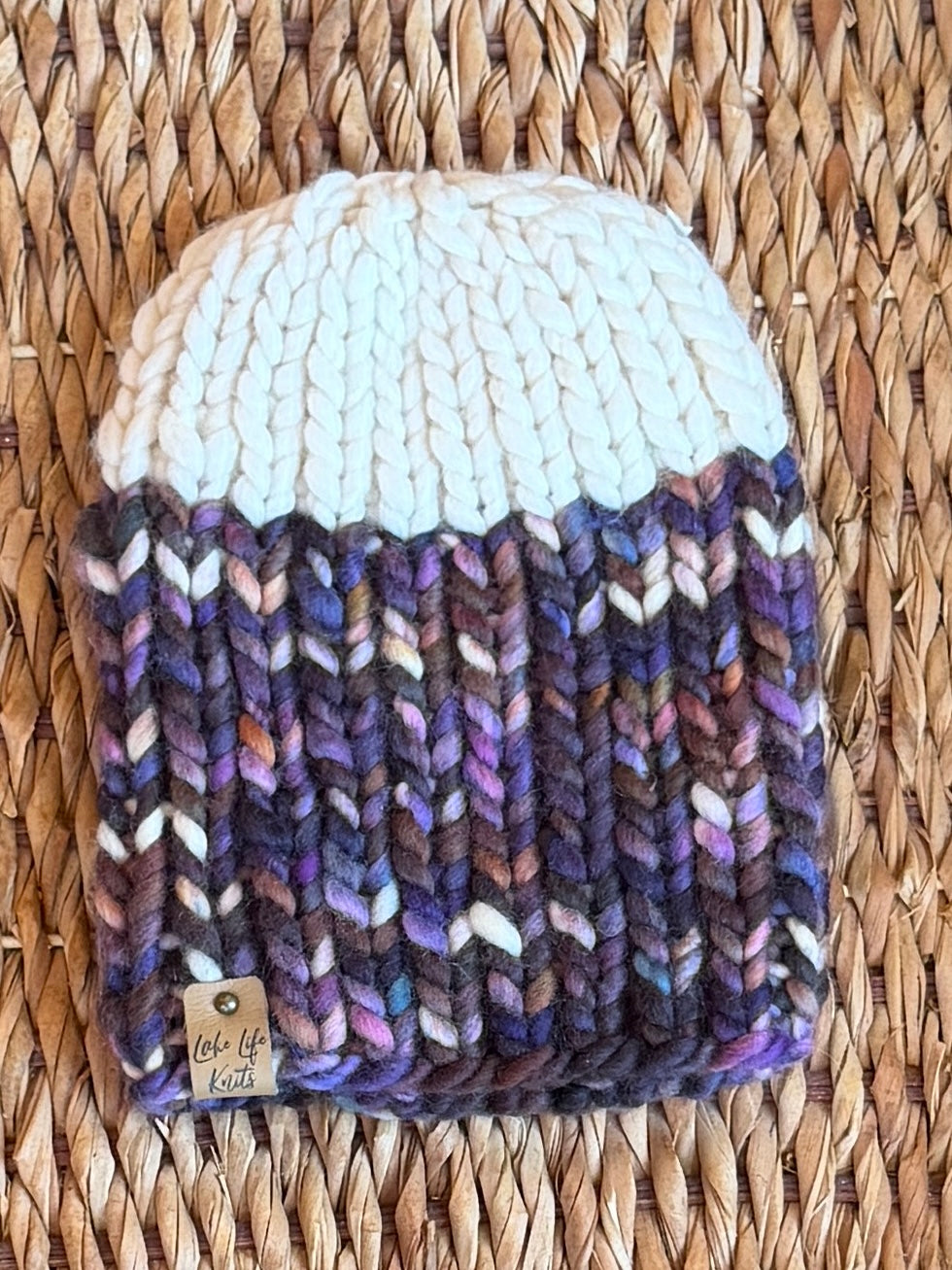Cream & Purple Merino Wool Nokhu Beanie with Removable Faux-Fur Pom