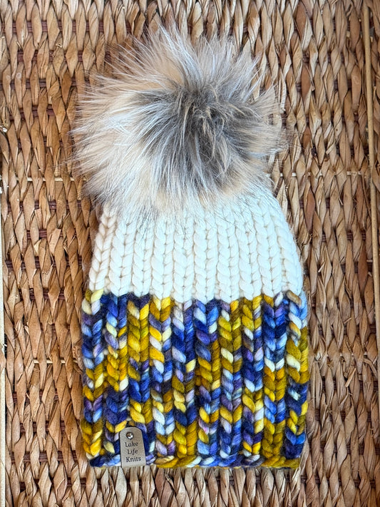 Cream, Blue & Gold Merino Wool Nokhu Beanie with Removable Faux-Fur Pom