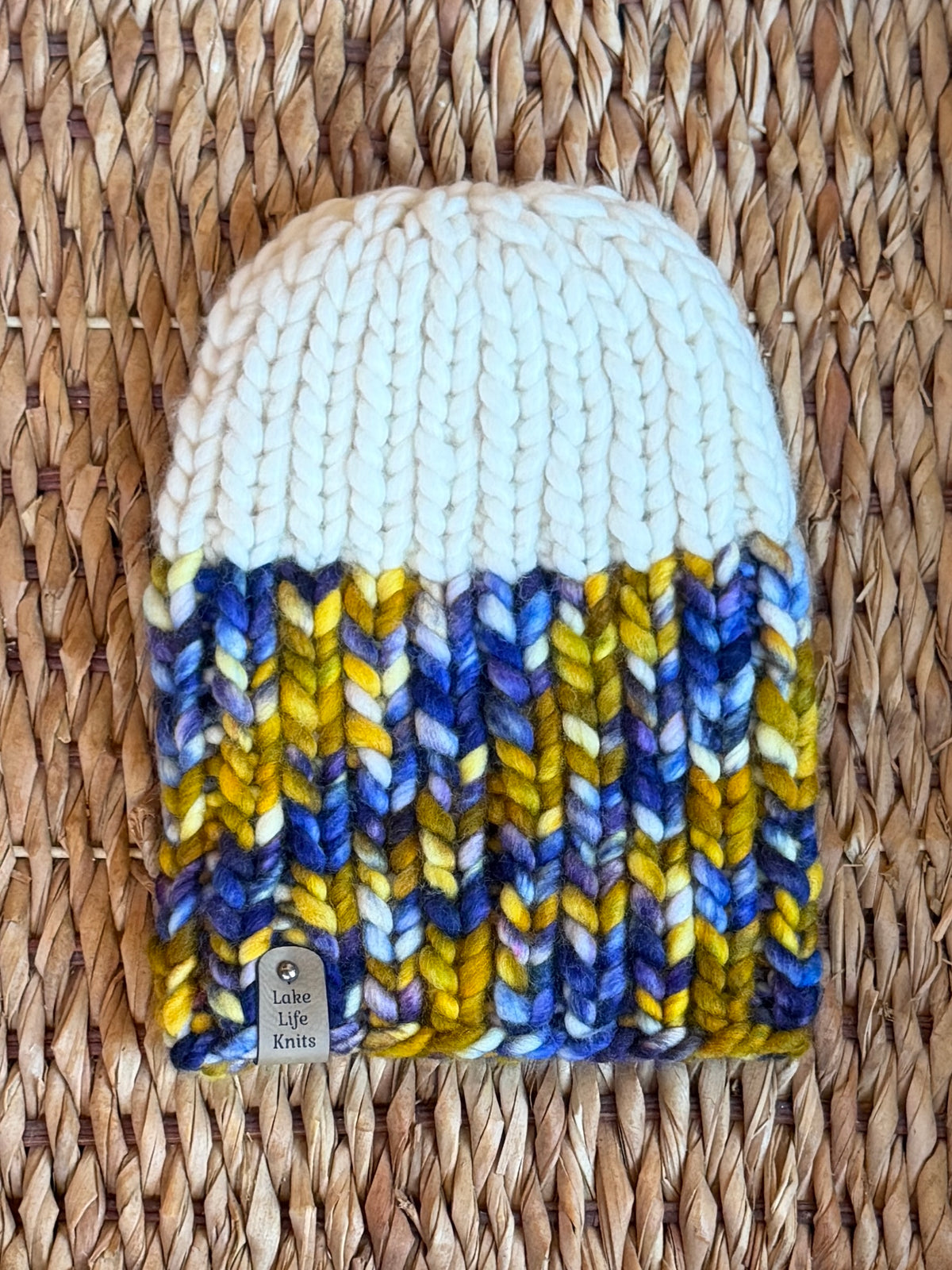 Cream, Blue & Gold Merino Wool Nokhu Beanie with Removable Faux-Fur Pom