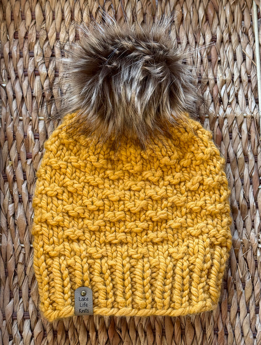 Gold Serenity Beanie with Removable Faux-Fur Pom